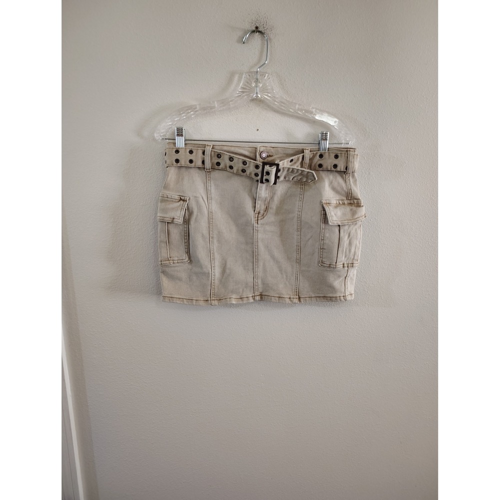 Sincerely Jules Tan Denim Utility Cargo Mini Skirt with Grommet Belt Size 9/28